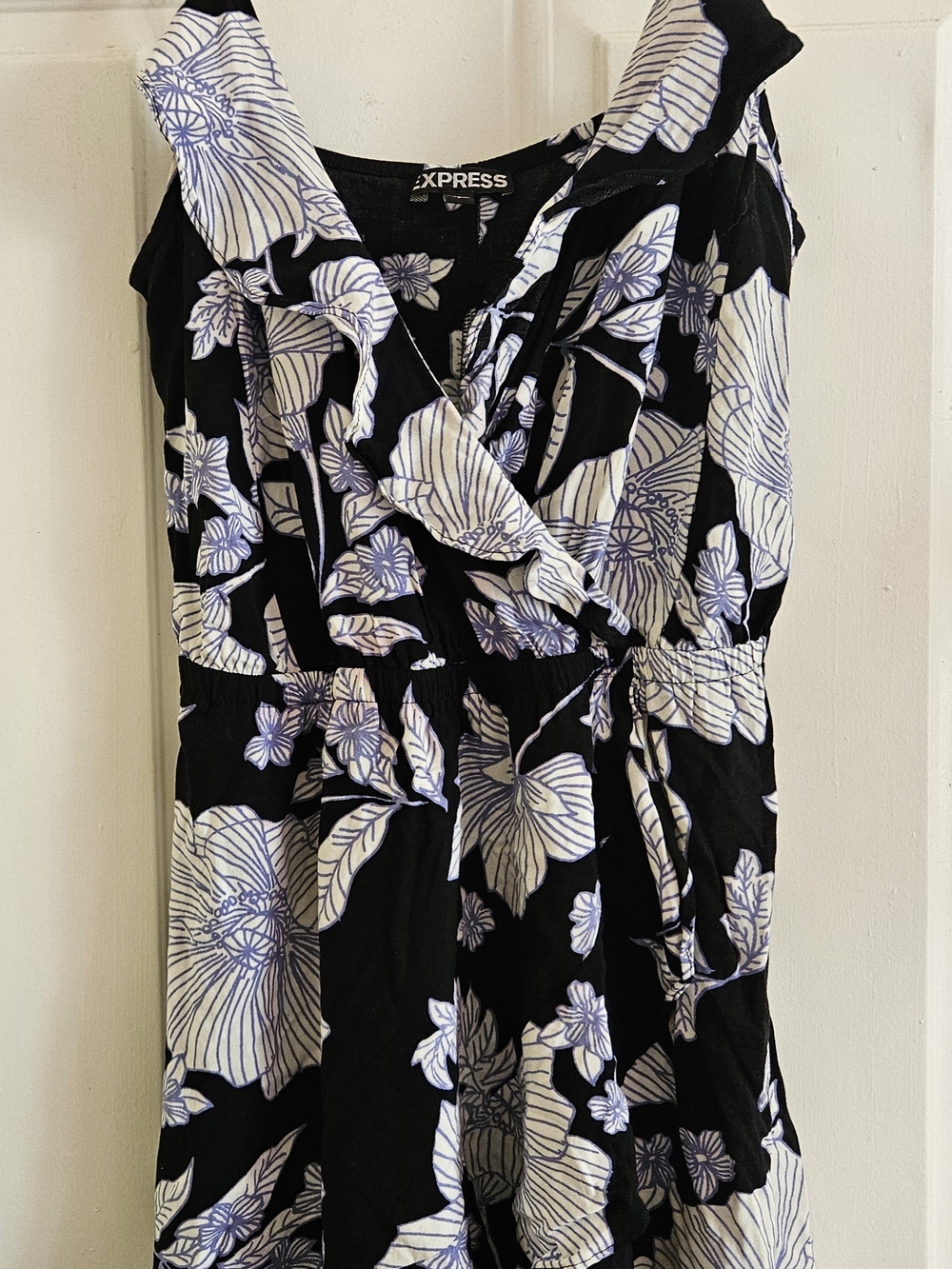 Express Black Floral Wrap Dress - White & Blue Print